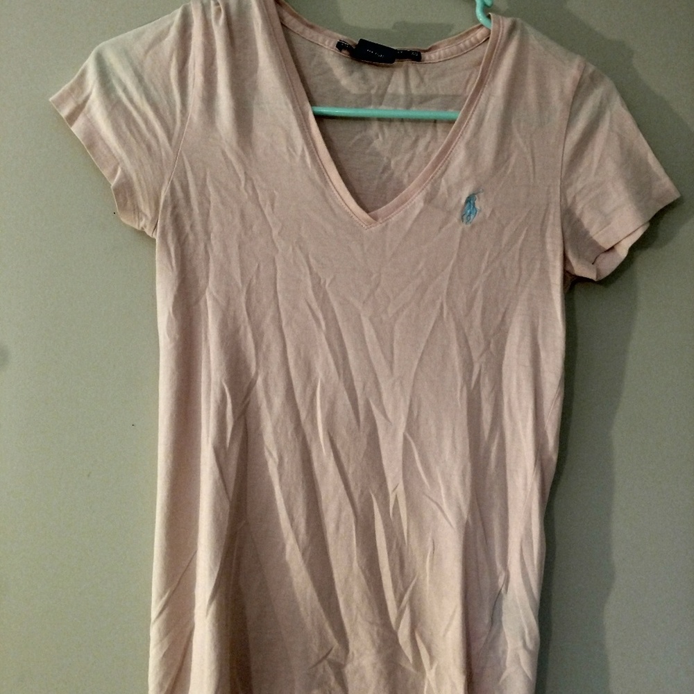 Light pink polo tee with teal horse size small